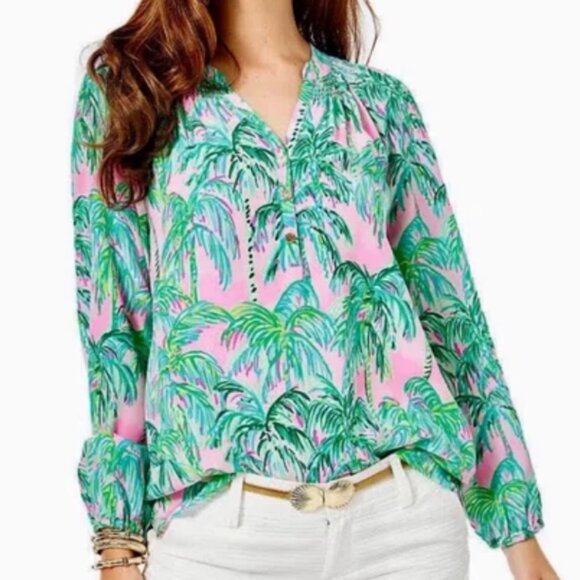 Lilly Pulitzer Elsa Silk Top in Pink Blossom / Suite View Palms sz XL - Picture 1 of 4